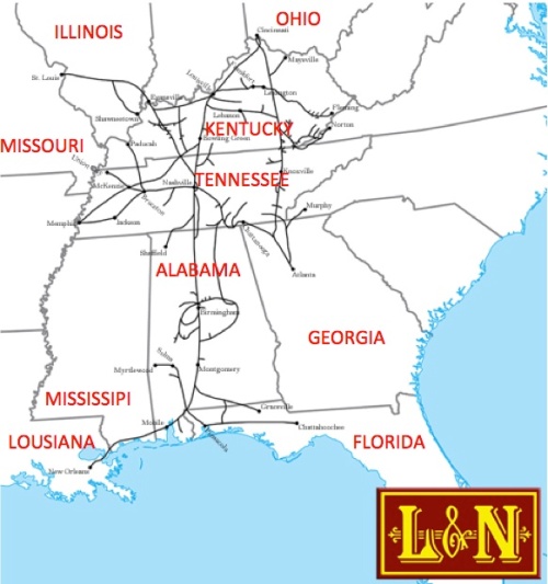 Rete di L&N - mappa elaborata sulla base di una di Americanrails.com
